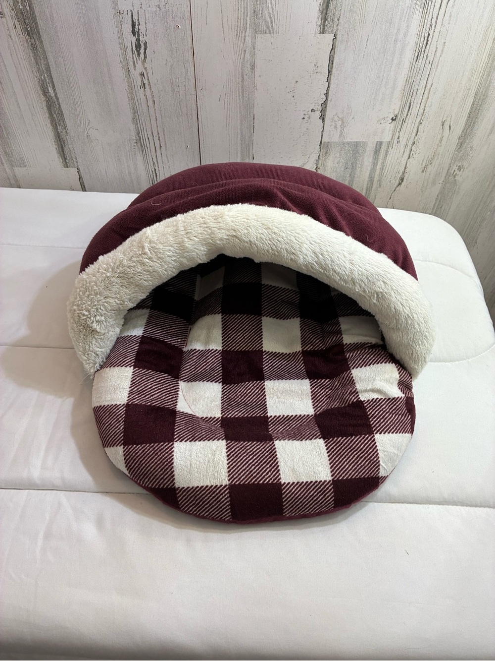 Burgundy & Cream Buffalo Plaid  small Pet Cave Bed by